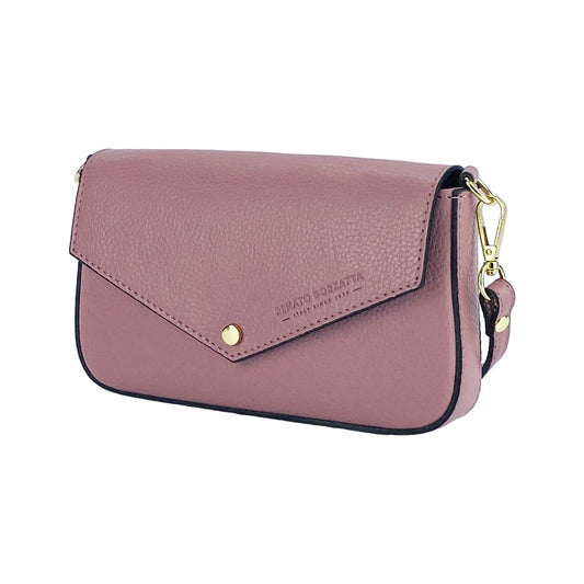 RB1023AZ | Small Shoulder Bag with Removable Chain Shoulder Strap in Genuine Leather Made in Italy. Closing flap. Shiny Gold metal accessories - Antique Pink color - Dimensions: 22 x 12 x 3 cm