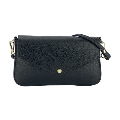 RB1023A | Borsa piccola a Spalla con Tracolla a catena removibile in Vera Pelle Made in Italy. Pattina di Chiusura. Accessori in metallo Oro Lucido - Colore Nero - Dimensioni: cm 22 x 12 x 3