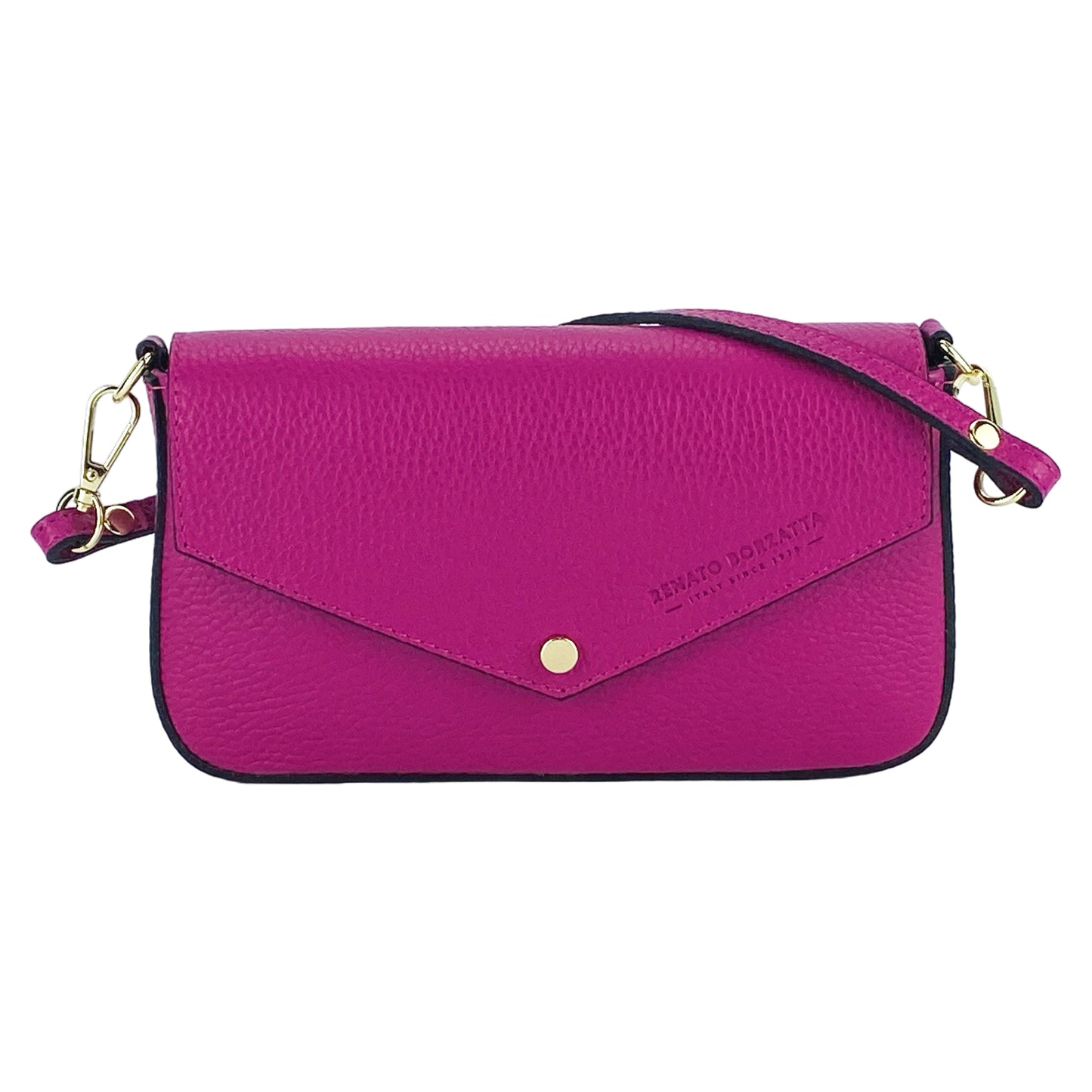 RB1023BE | Borsa piccola a Spalla con Tracolla a catena removibile in Vera Pelle Made in Italy. Pattina di Chiusura. Accessori in metallo Oro Lucido - Colore Fuxia - Dimensioni: cm 22 x 12 x 3