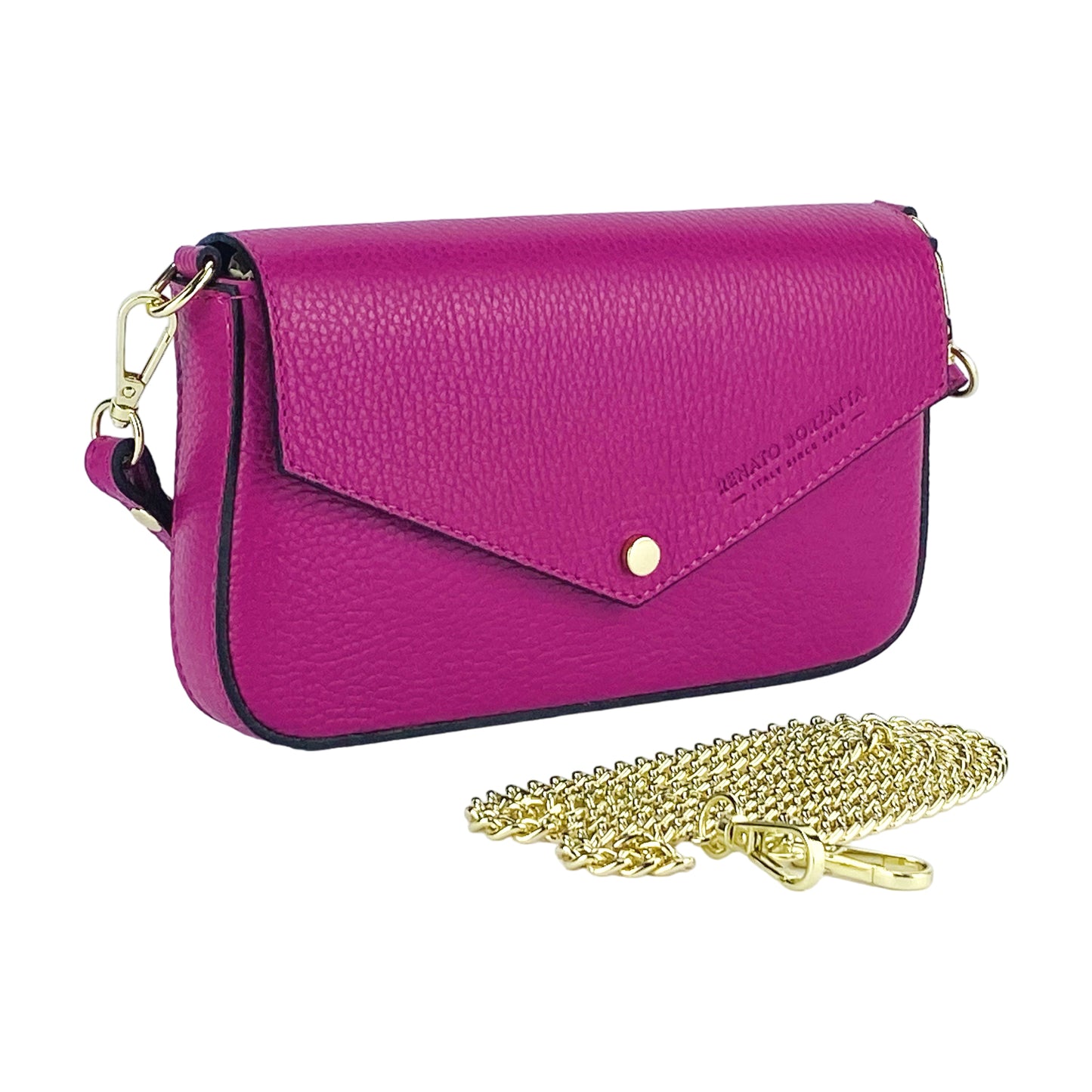 RB1023BE | Borsa piccola a Spalla con Tracolla a catena removibile in Vera Pelle Made in Italy. Pattina di Chiusura. Accessori in metallo Oro Lucido - Colore Fuxia - Dimensioni: cm 22 x 12 x 3