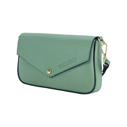 RB1023BF | Small Shoulder Bag with Removable Chain Shoulder Strap in Genuine Leather Made in Italy. Closing flap. Shiny Gold metal accessories - Mint color - Dimensions: 22 x 12 x 3 cm