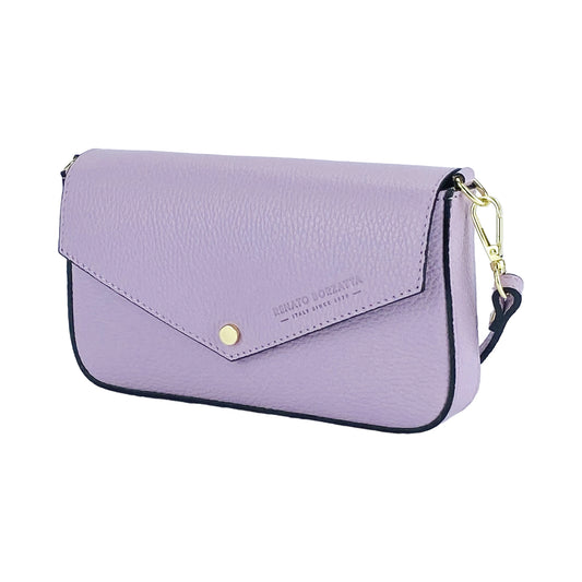 RB1023CI | Small Shoulder Bag with Removable Chain Shoulder Strap in Genuine Leather Made in Italy. Closing flap. Shiny Gold metal accessories - Lilac color - Dimensions: 22 x 12 x 3 cm