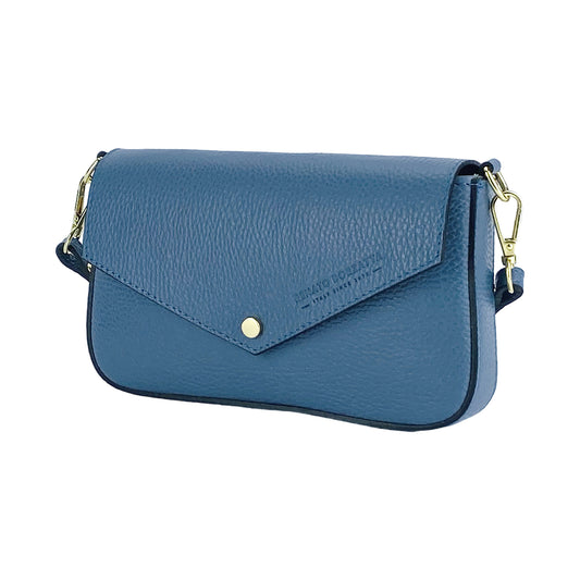 RB1023P | Small Shoulder Bag with Removable Chain Shoulder Strap in Genuine Leather Made in Italy. Closing flap. Polished gold metal accessories - Air force blue color - Dimensions: 22 x 12 x 3 cm