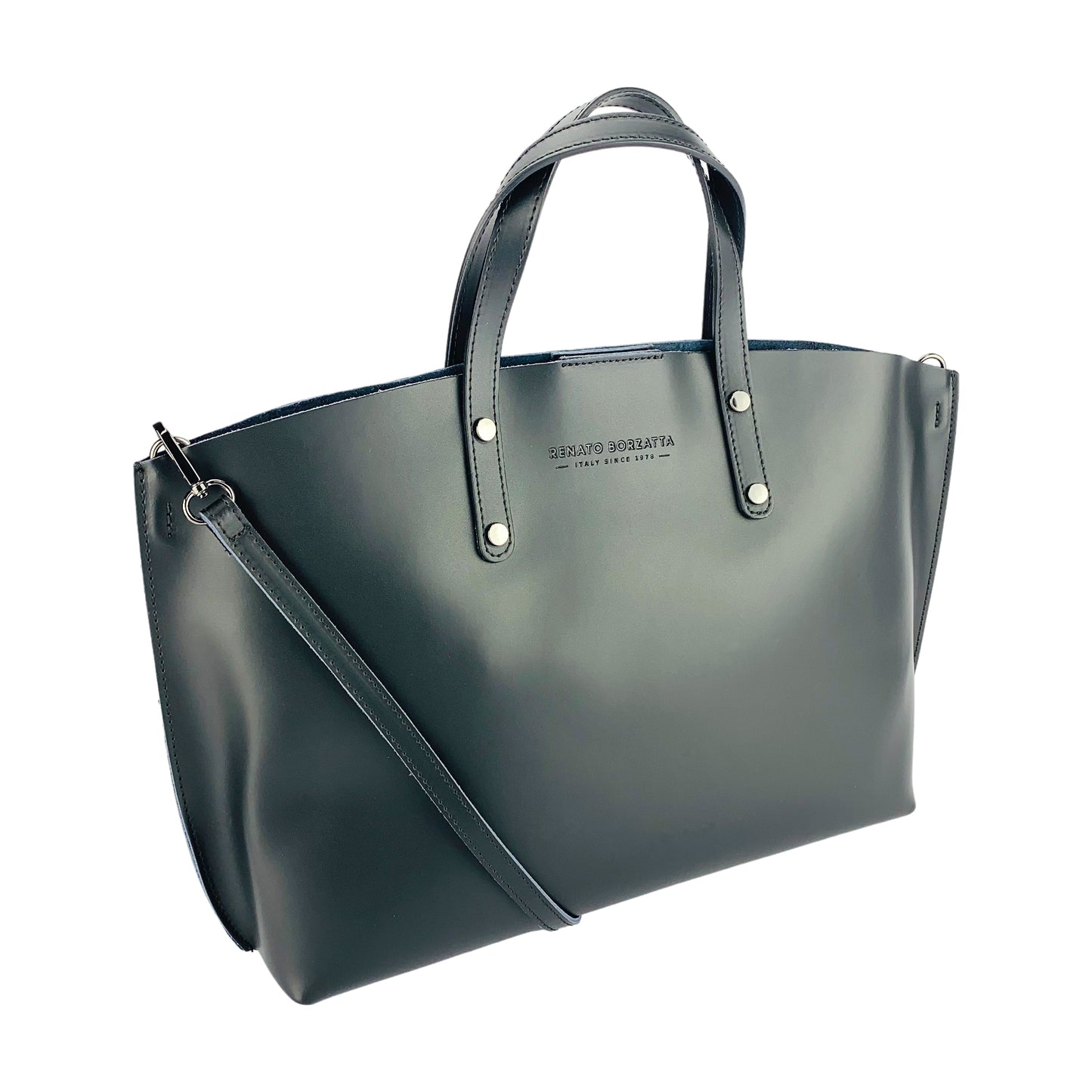 RB1024A  | Borsa Donna a Mano in Vera Pelle Made in Italy con tracolla removibile. Sacca grande interna estraibile. Accessori Canna di Fucile Lucido - Colore Nero - Dimensioni: cm 48x31x11