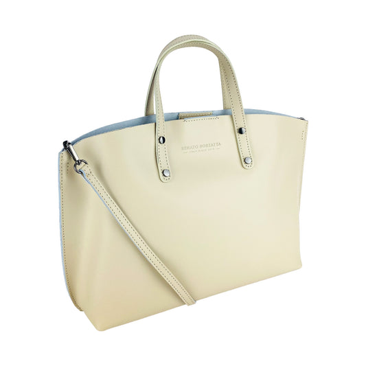 RB1024AL | Women's handbag in genuine leather Made in Italy with removable shoulder strap. Large internal removable bag. Polished gunmetal accessories - Beige color - Dimensions: 48x31x11 cm