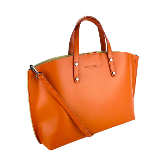 RB1024AM | Women's handbag in genuine leather Made in Italy with removable shoulder strap. Large internal removable bag. Accessories Shiny Gunmetal - Paprika color - Dimensions: 48x31x11 cm