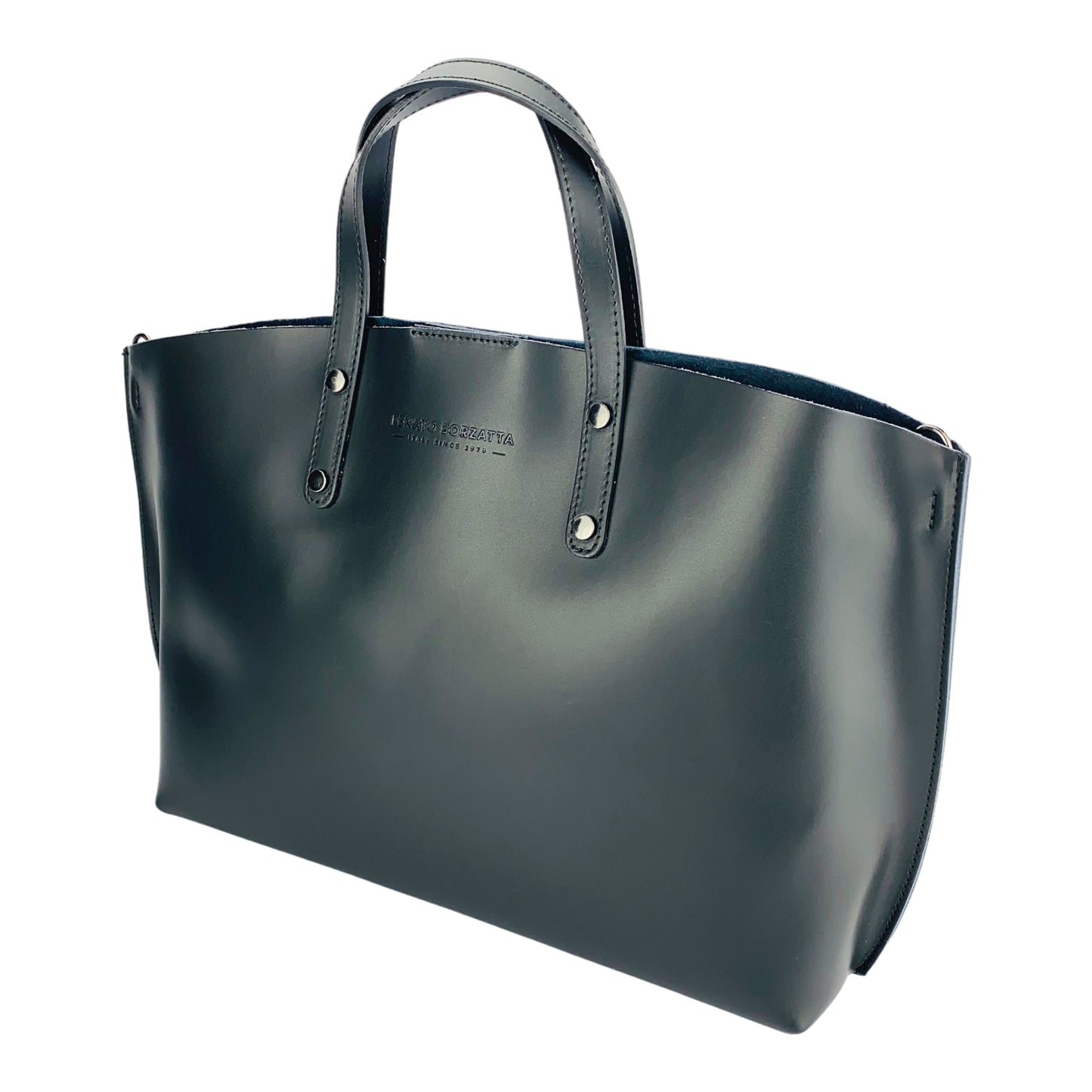 RB1024A  | Borsa Donna a Mano in Vera Pelle Made in Italy con tracolla removibile. Sacca grande interna estraibile. Accessori Canna di Fucile Lucido - Colore Nero - Dimensioni: cm 48x31x11