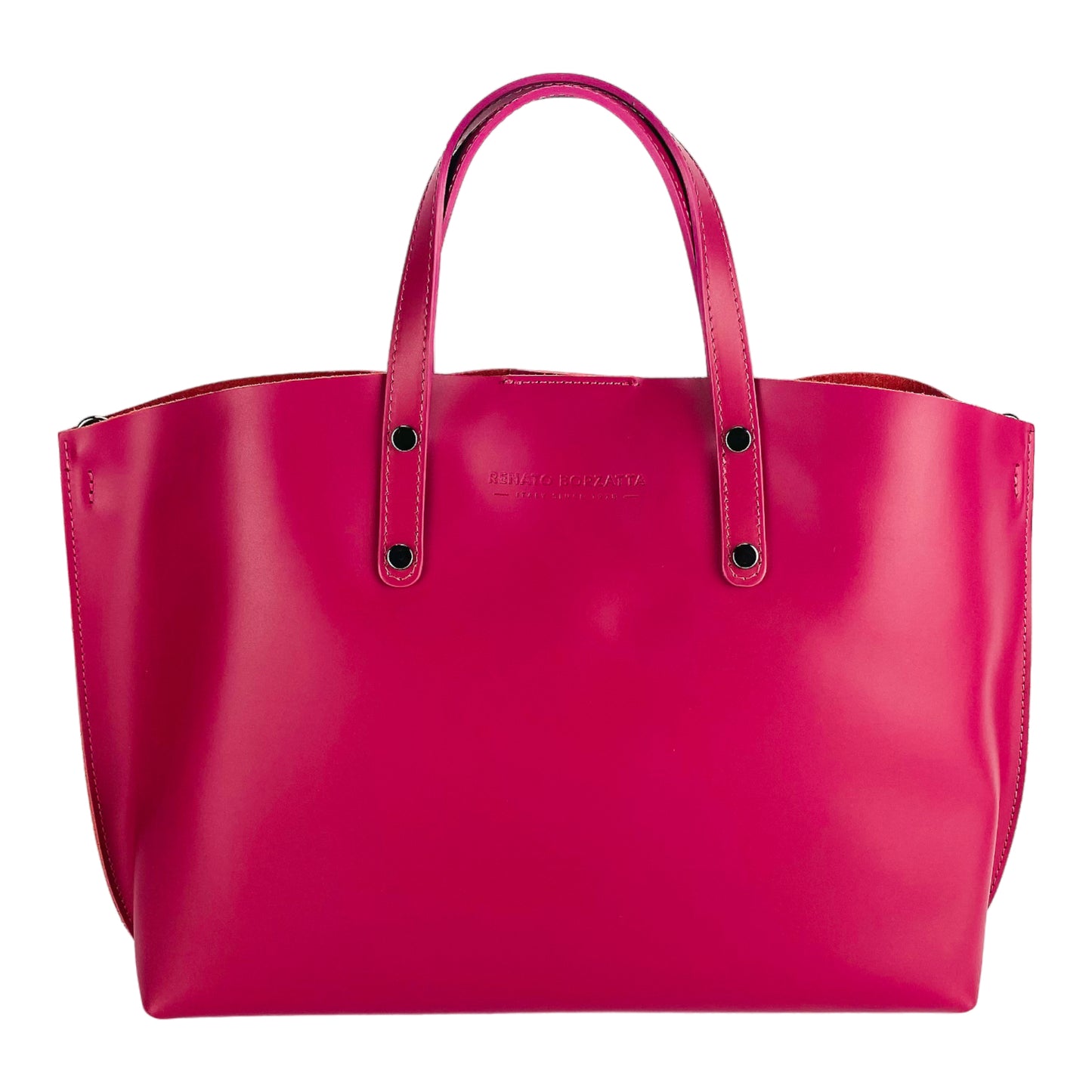 RB1024BE | Women's handbag in genuine leather Made in Italy with removable shoulder strap. Large internal removable bag. Glossy gunmetal accessories - Fuchsia color - Dimensions: 48x31x11 cm