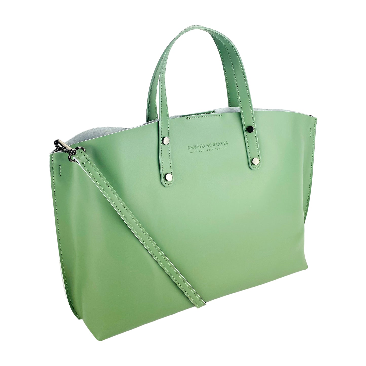 RB1024BF  | Borsa Donna a Mano in Vera Pelle Made in Italy con tracolla removibile. Sacca grande interna estraibile. Accessori Canna di Fucile Lucido - Colore Menta - Dimensioni: cm 48x31x11