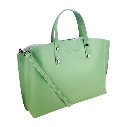 RB1024BF | Women's handbag in genuine leather Made in Italy with removable shoulder strap. Large internal removable bag. Glossy gunmetal accessories - Mint color - Dimensions: 48x31x11 cm