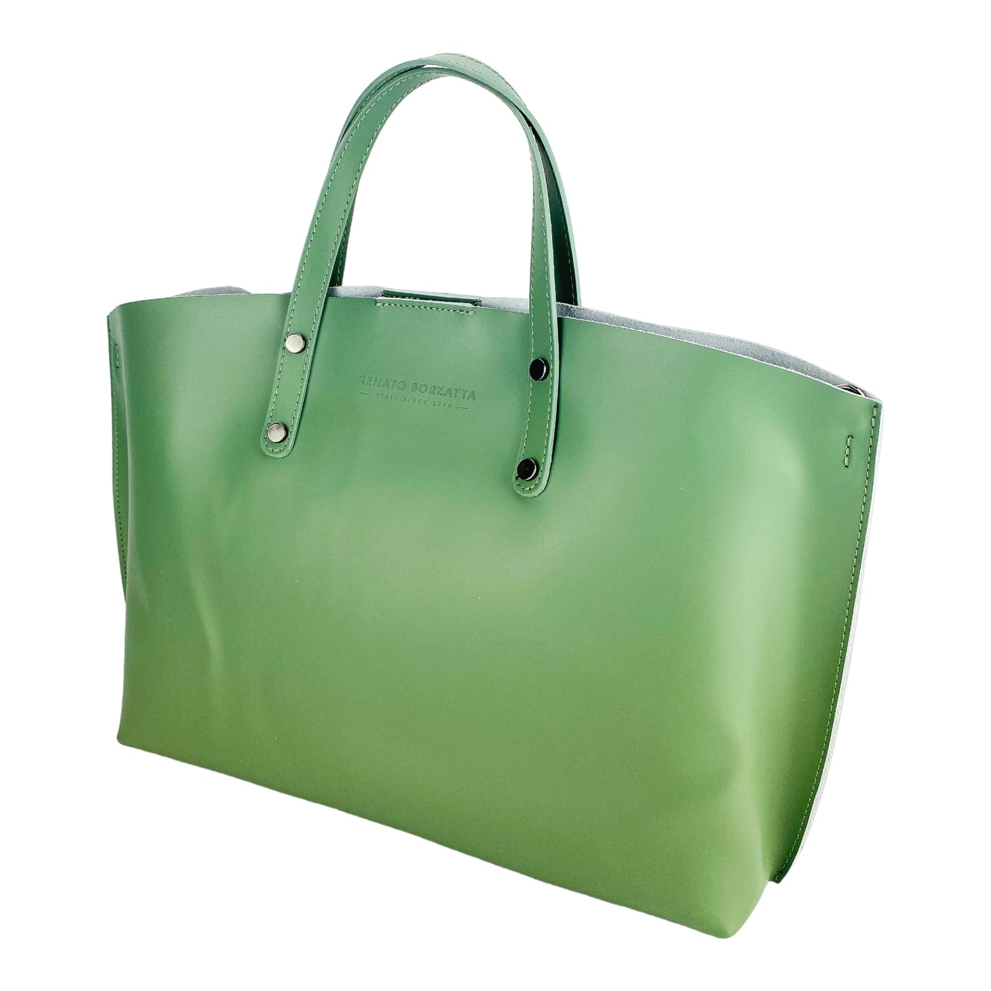 RB1024BF  | Borsa Donna a Mano in Vera Pelle Made in Italy con tracolla removibile. Sacca grande interna estraibile. Accessori Canna di Fucile Lucido - Colore Menta - Dimensioni: cm 48x31x11