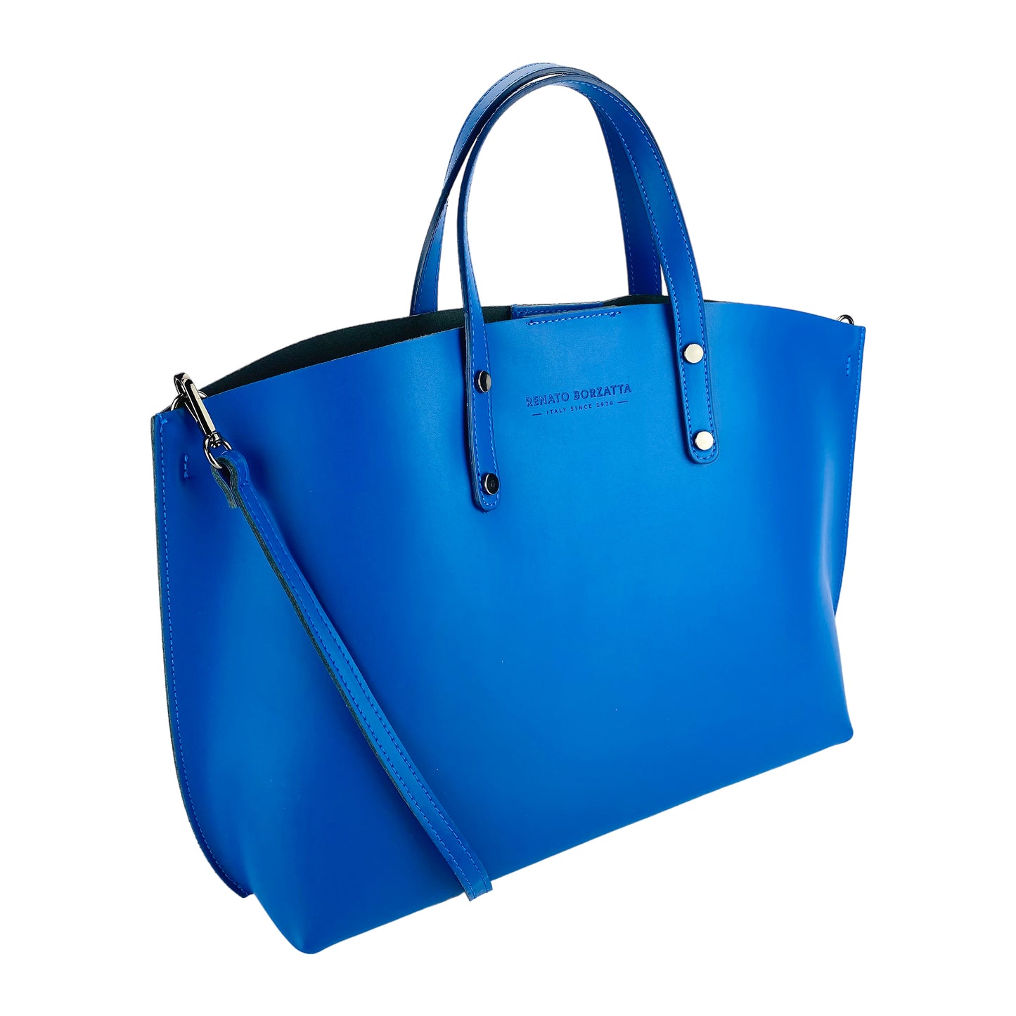 RB1024CH  | Borsa Donna a Mano in Vera Pelle Made in Italy con tracolla removibile. Sacca grande interna estraibile. Accessori Canna di Fucile Lucido - Colore Blu Royal - Dimensioni: cm 48x31x11