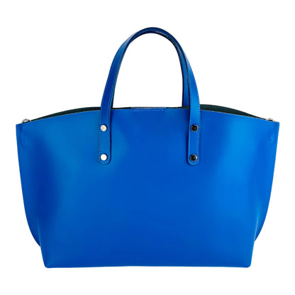 RB1024CH  | Borsa Donna a Mano in Vera Pelle Made in Italy con tracolla removibile. Sacca grande interna estraibile. Accessori Canna di Fucile Lucido - Colore Blu Royal - Dimensioni: cm 48x31x11