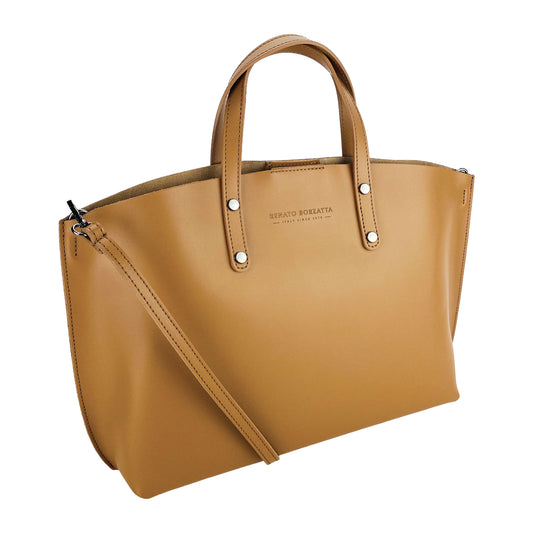 RB1024S | Women's handbag in genuine leather Made in Italy with removable shoulder strap. Large internal removable bag. Accessories Polished Gunmetal - Cognac color - Dimensions: 48x31x11 cm