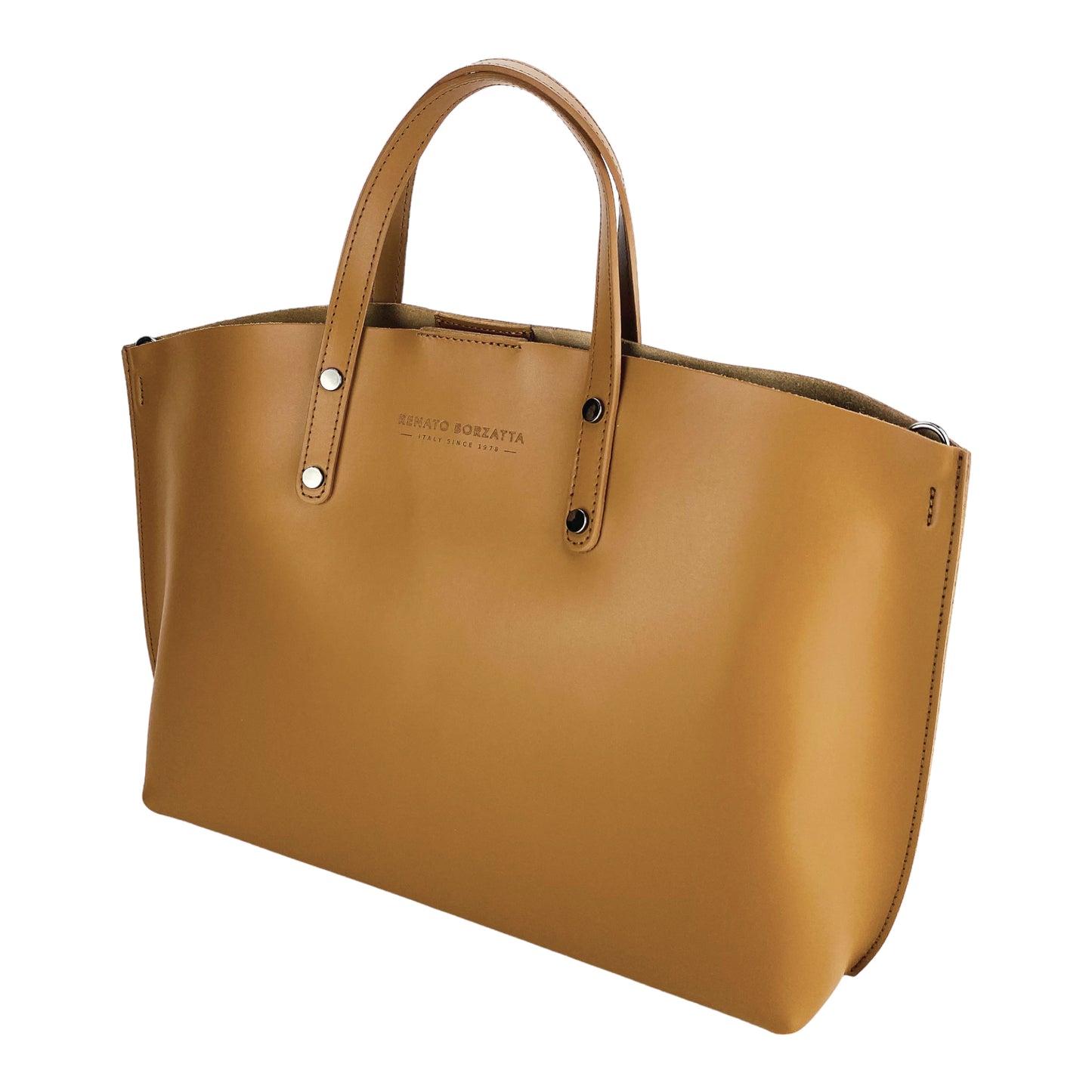 RB1024S | Women's handbag in genuine leather Made in Italy with removable shoulder strap. Large internal removable bag. Accessories Polished Gunmetal - Cognac color - Dimensions: 48x31x11 cm