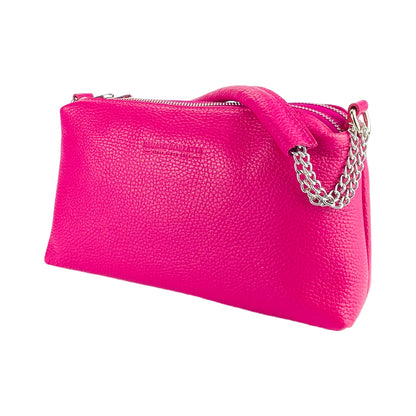 RB1025BE  | Borsa Donna a Mano con doppia lampo in Vera Pelle Made in Italy. Tracolla in pelle regolabile. Accessori Nickel Lucido - Colore Fuxia - Dimensioni: cm 26 x 14 x 9