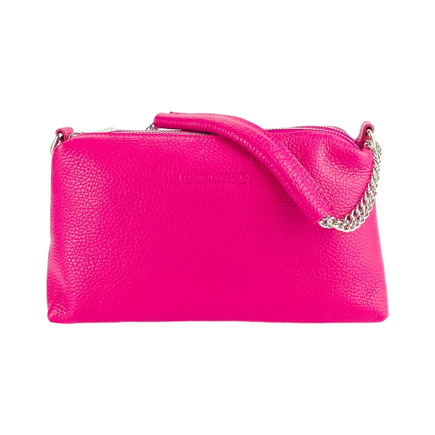 RB1025BE  | Borsa Donna a Mano con doppia lampo in Vera Pelle Made in Italy. Tracolla in pelle regolabile. Accessori Nickel Lucido - Colore Fuxia - Dimensioni: cm 26 x 14 x 9