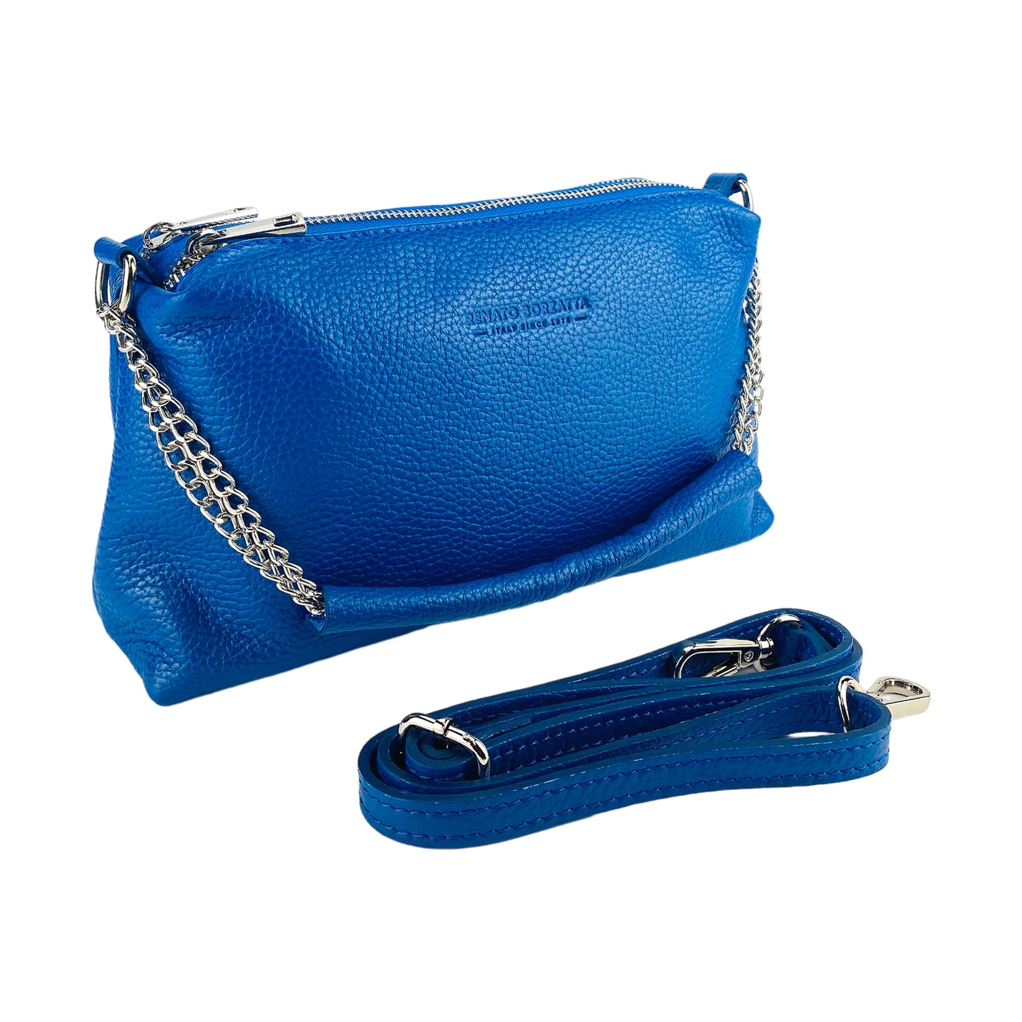 RB1025CH  | Borsa Donna a Mano con doppia lampo in Vera Pelle Made in Italy. Tracolla in pelle regolabile. Accessori Nickel Lucido - Colore Blu Royal - Dimensioni: cm 26 x 14 x 9