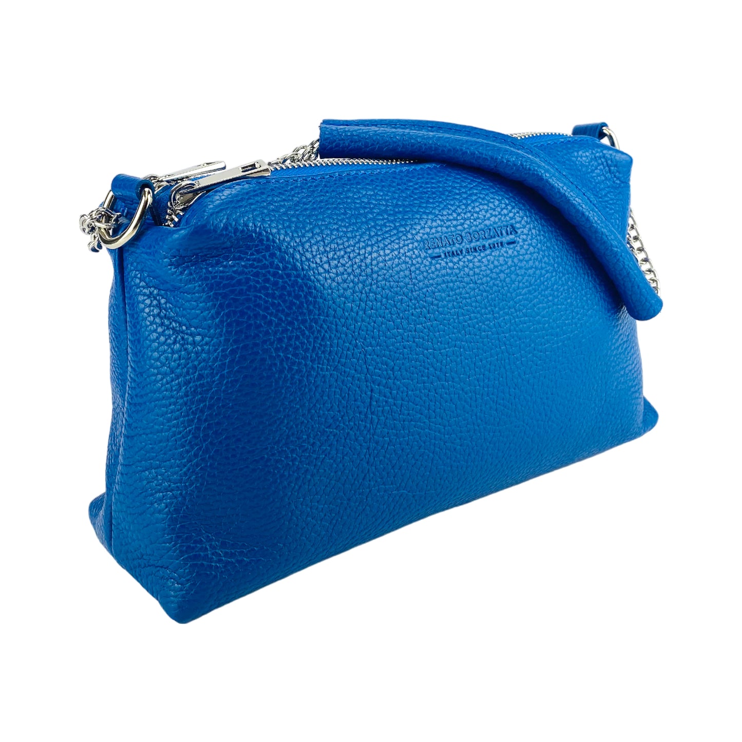 RB1025CH  | Borsa Donna a Mano con doppia lampo in Vera Pelle Made in Italy. Tracolla in pelle regolabile. Accessori Nickel Lucido - Colore Blu Royal - Dimensioni: cm 26 x 14 x 9