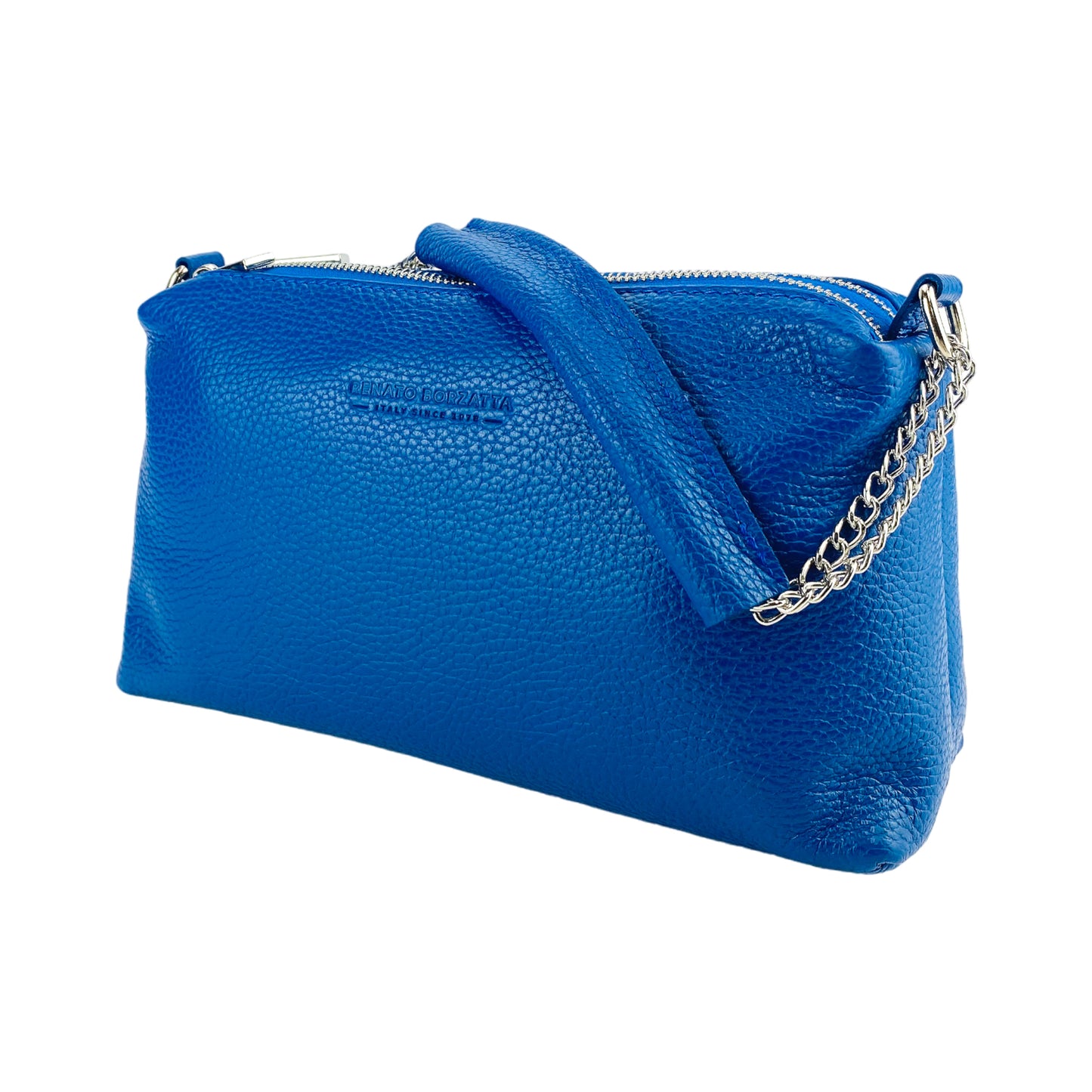 RB1025CH | Women's handbag with double zip in Genuine Leather Made in Italy. Adjustable leather shoulder strap. Polished Nickel Accessories - Royal Blue Color - Dimensions: 26 x 14 x 9 cm