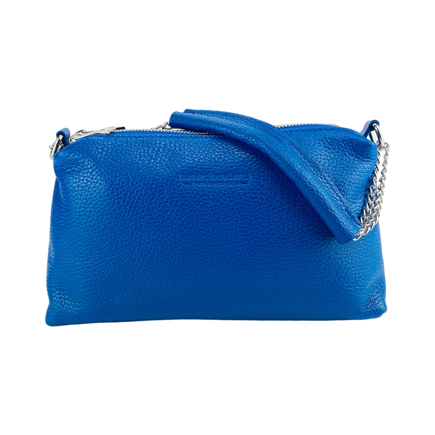 RB1025CH | Women's handbag with double zip in Genuine Leather Made in Italy. Adjustable leather shoulder strap. Polished Nickel Accessories - Royal Blue Color - Dimensions: 26 x 14 x 9 cm