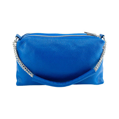 RB1025CH | Women's handbag with double zip in Genuine Leather Made in Italy. Adjustable leather shoulder strap. Polished Nickel Accessories - Royal Blue Color - Dimensions: 26 x 14 x 9 cm