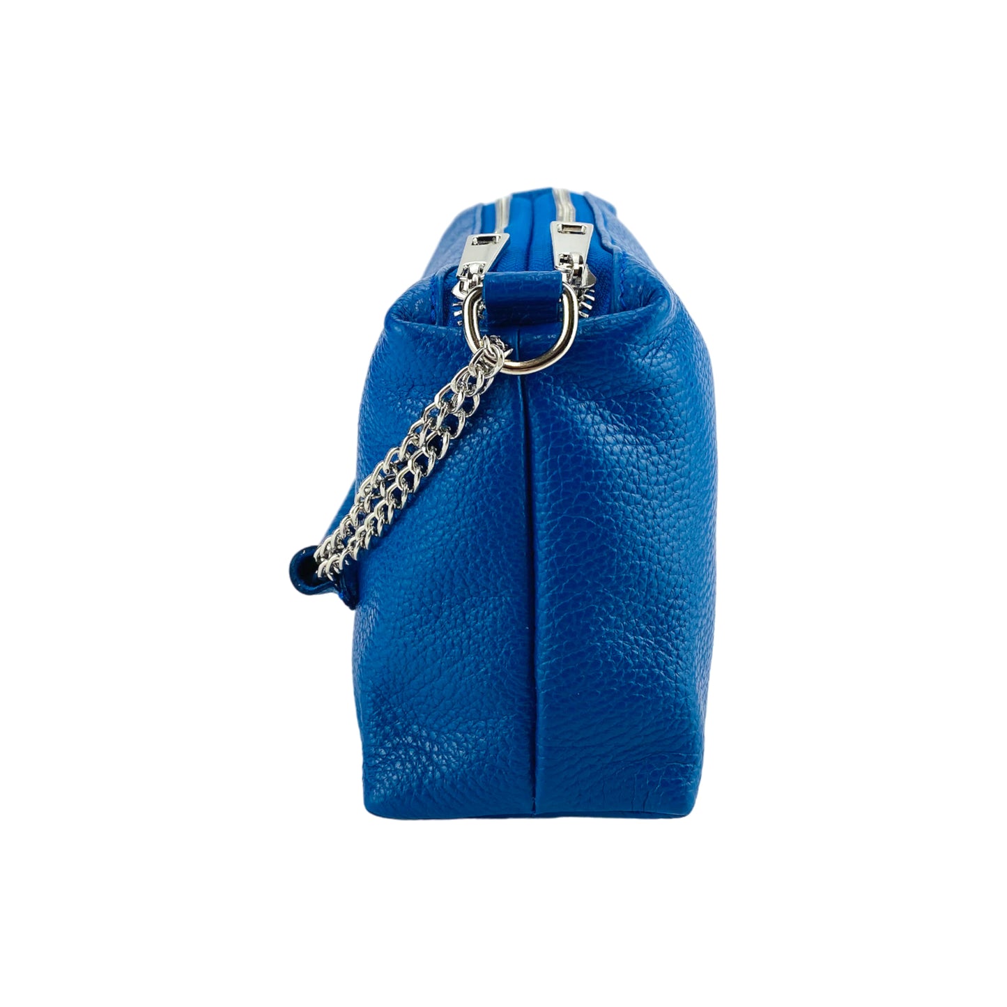 RB1025CH | Women's handbag with double zip in Genuine Leather Made in Italy. Adjustable leather shoulder strap. Polished Nickel Accessories - Royal Blue Color - Dimensions: 26 x 14 x 9 cm