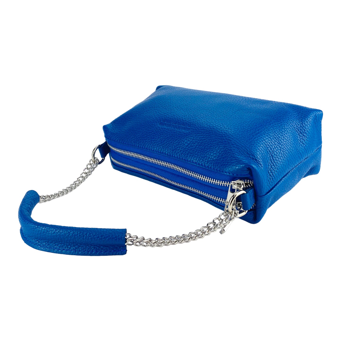 RB1025CH | Women's handbag with double zip in Genuine Leather Made in Italy. Adjustable leather shoulder strap. Polished Nickel Accessories - Royal Blue Color - Dimensions: 26 x 14 x 9 cm