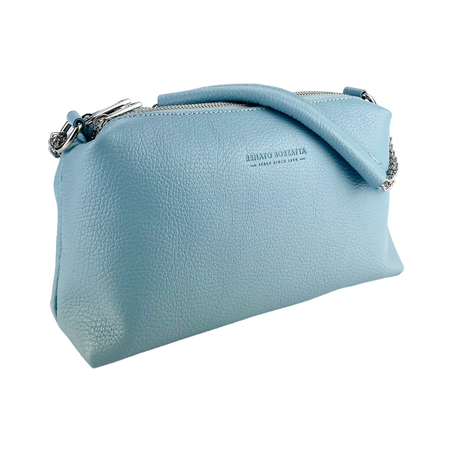 RB1025CL  | Borsa Donna a Mano con doppia lampo in Vera Pelle Made in Italy. Tracolla in pelle regolabile. Accessori Nickel Lucido - Colore Celeste - Dimensioni: cm 26 x 14 x 9