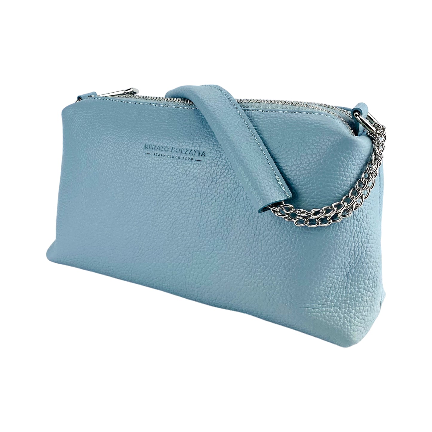 RB1025CL | Women's handbag with double zip in Genuine Leather Made in Italy. Adjustable leather shoulder strap. Polished Nickel Accessories - Light Blue Color - Dimensions: 26 x 14 x 9 cm