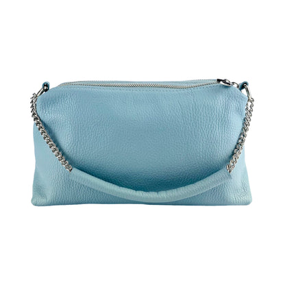 RB1025CL  | Borsa Donna a Mano con doppia lampo in Vera Pelle Made in Italy. Tracolla in pelle regolabile. Accessori Nickel Lucido - Colore Celeste - Dimensioni: cm 26 x 14 x 9