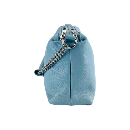 RB1025CL  | Borsa Donna a Mano con doppia lampo in Vera Pelle Made in Italy. Tracolla in pelle regolabile. Accessori Nickel Lucido - Colore Celeste - Dimensioni: cm 26 x 14 x 9