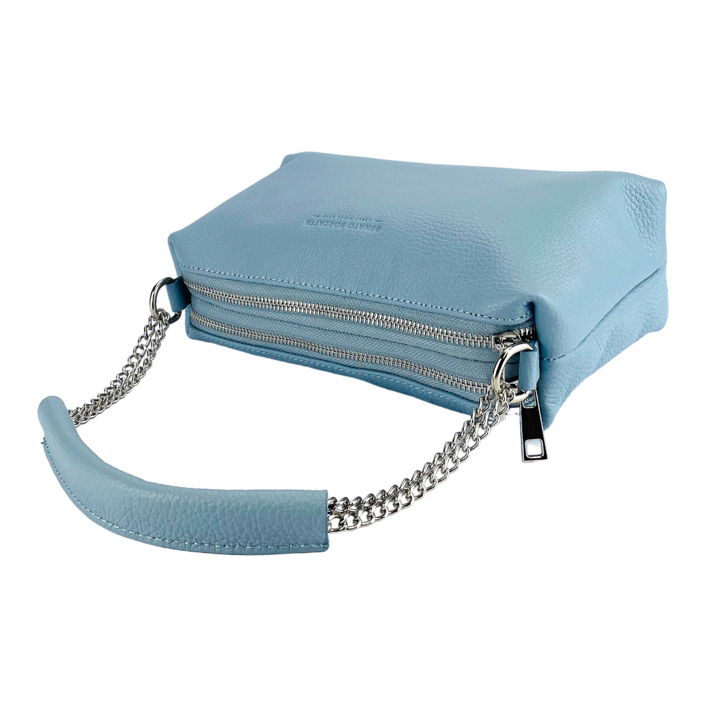 RB1025CL  | Borsa Donna a Mano con doppia lampo in Vera Pelle Made in Italy. Tracolla in pelle regolabile. Accessori Nickel Lucido - Colore Celeste - Dimensioni: cm 26 x 14 x 9