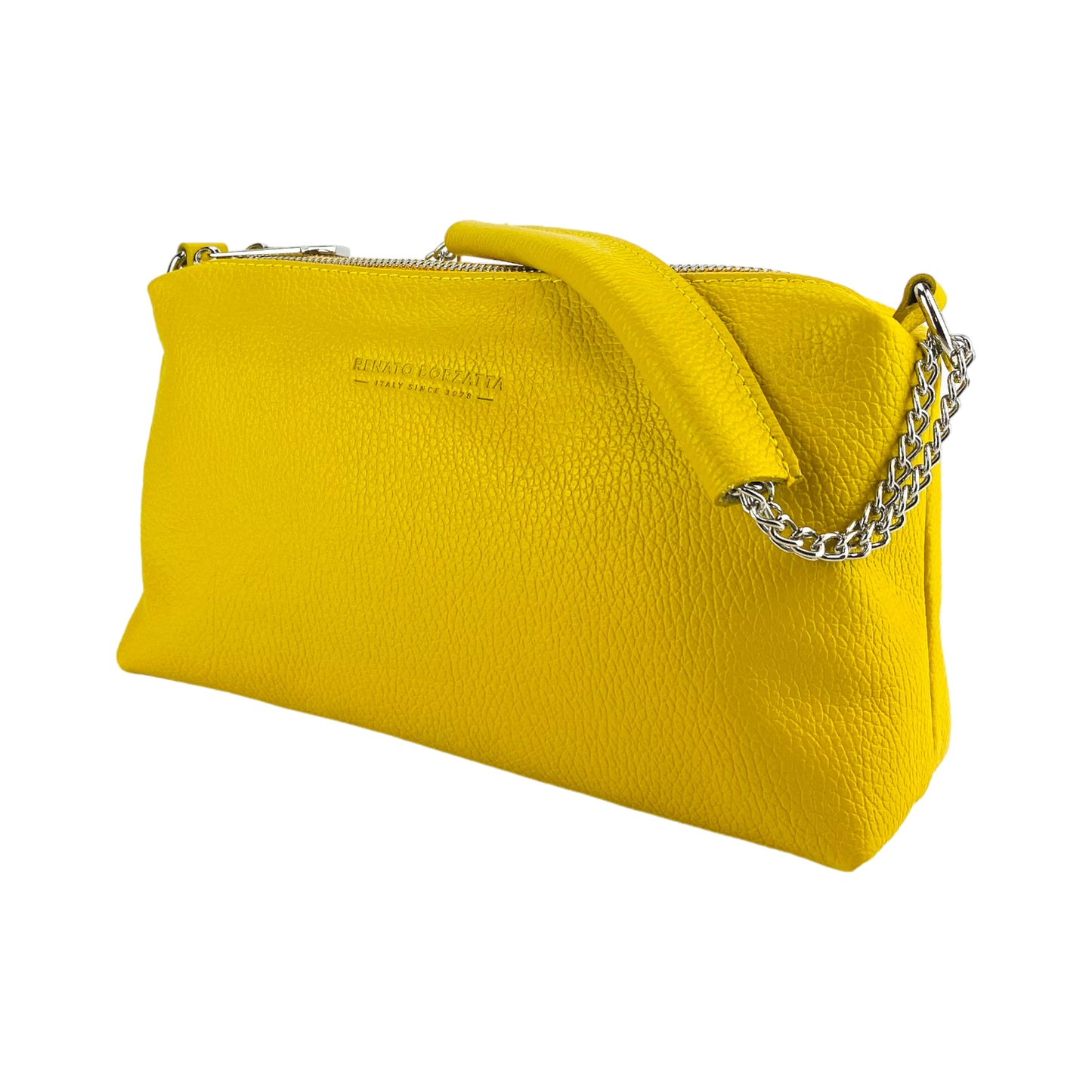 RB1025R | Women's handbag with double zip in Genuine Leather Made in Italy. Adjustable leather shoulder strap. Polished Nickel Accessories - Yellow Color - Dimensions: 26 x 14 x 9 cm