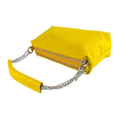 RB1025R | Women's handbag with double zip in Genuine Leather Made in Italy. Adjustable leather shoulder strap. Polished Nickel Accessories - Yellow Color - Dimensions: 26 x 14 x 9 cm