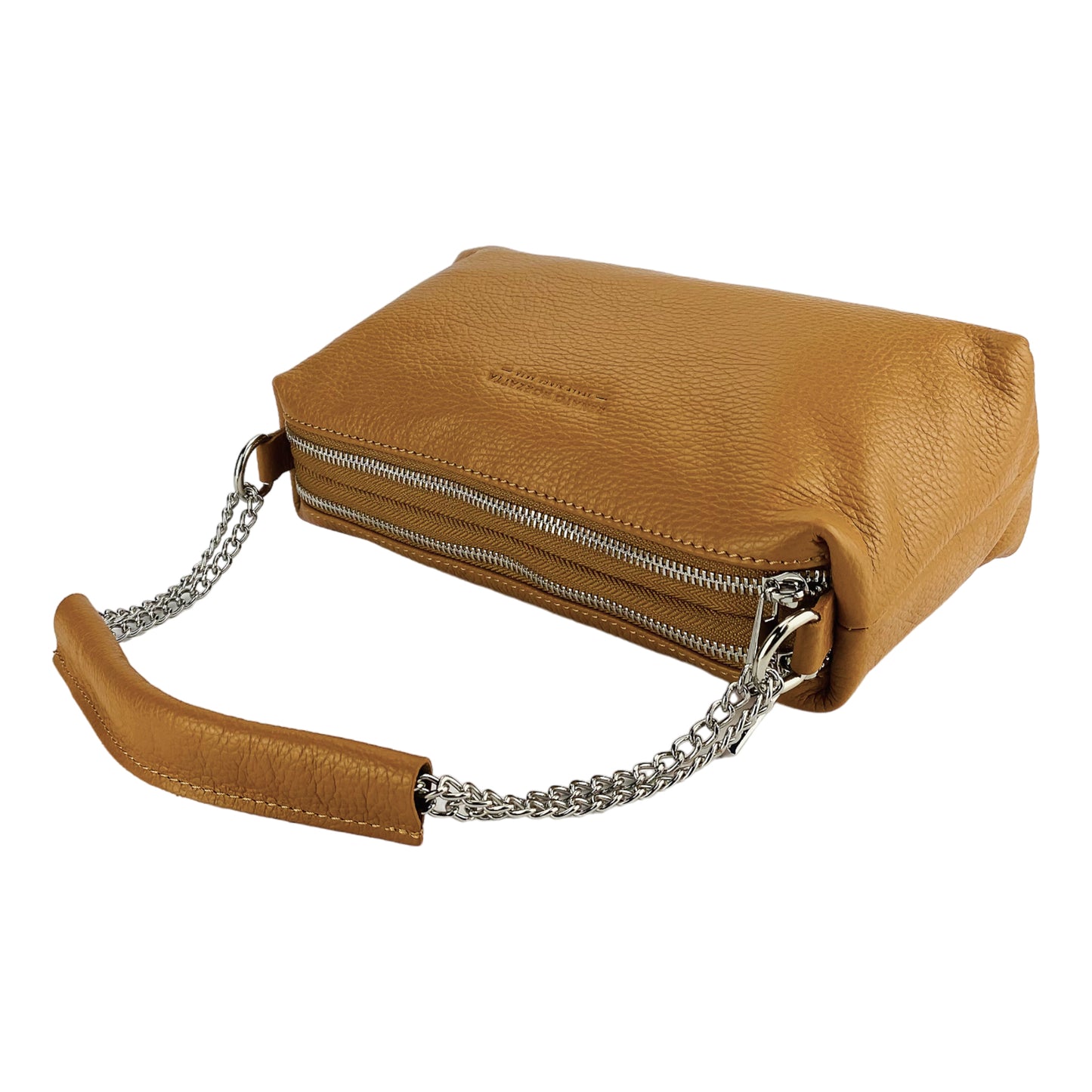 RB1025S | Women's handbag with double zip in Genuine Leather Made in Italy. Adjustable leather shoulder strap. Accessories Polished Nickel - Cognac color - Dimensions: 26 x 14 x 9 cm