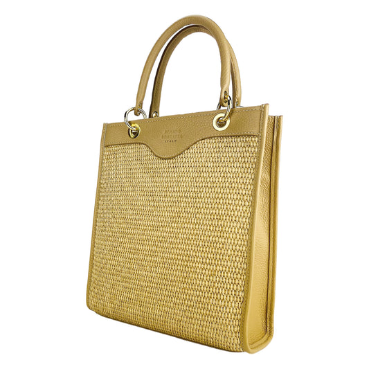 RB1026AE | Vertical women's handbag in genuine leather and straw Made in Italy. Removable and adjustable leather shoulder strap. Polished Gold Accessories - Sand Color - Dimensions: 24 x 29 x 9 cm