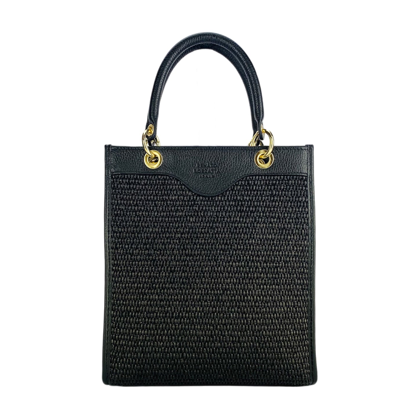 RB1026A  | Borsa Donna a mano verticale in Vera Pelle e Paglia Made in Italy. Tracolla removibile e regolabile in pelle. Accessori Oro Lucido - Colore Nero - Dimensioni: cm 24 x 29 x 9