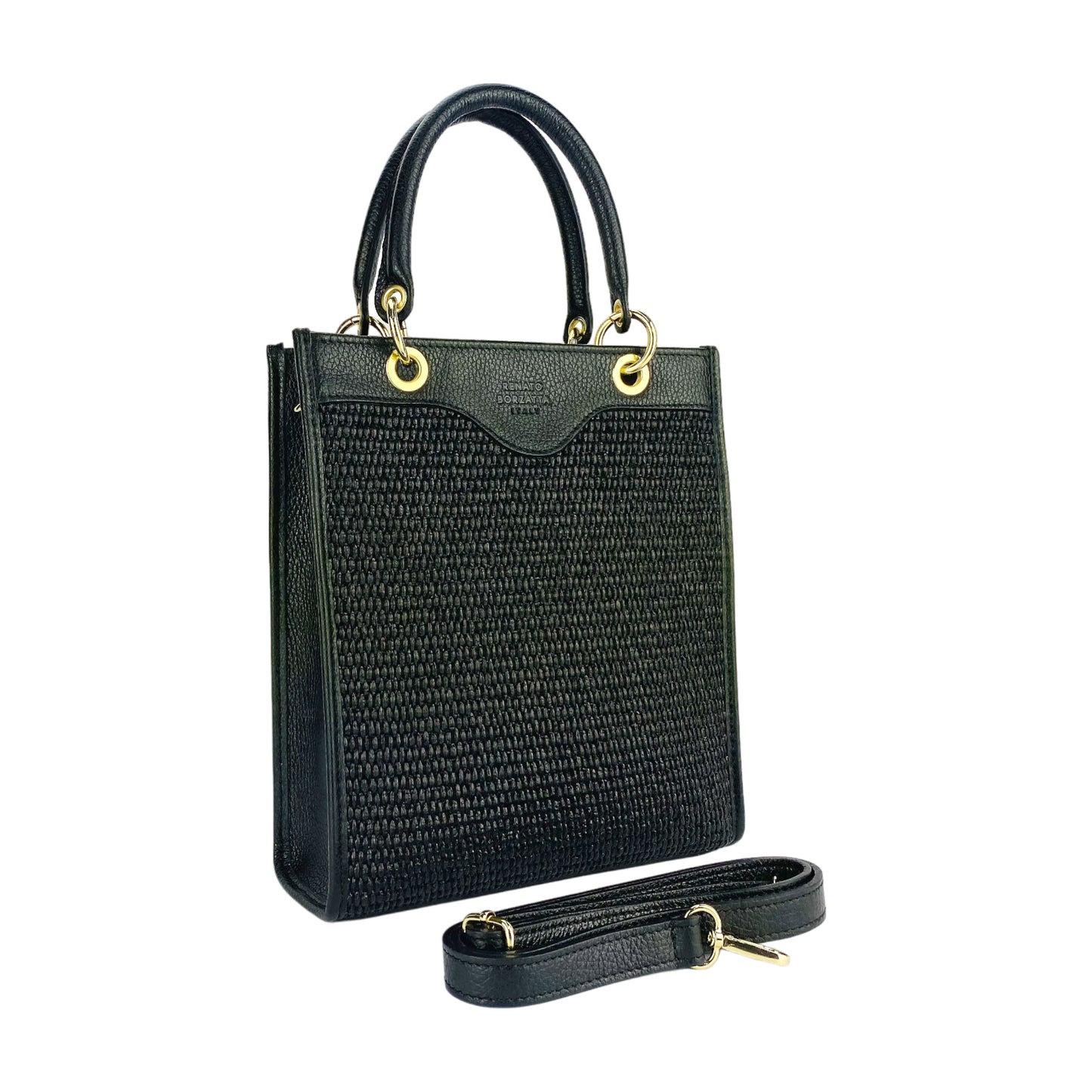 RB1026A  | Borsa Donna a mano verticale in Vera Pelle e Paglia Made in Italy. Tracolla removibile e regolabile in pelle. Accessori Oro Lucido - Colore Nero - Dimensioni: cm 24 x 29 x 9