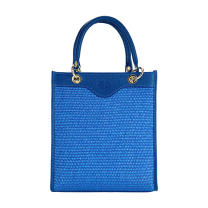 RB1026CH  | Borsa Donna a mano verticale in Vera Pelle e Paglia Made in Italy. Tracolla removibile e regolabile in pelle. Accessori Oro Lucido - Colore Blu Royal - Dimensioni: cm 24 x 29 x 9