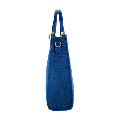 RB1026CH  | Borsa Donna a mano verticale in Vera Pelle e Paglia Made in Italy. Tracolla removibile e regolabile in pelle. Accessori Oro Lucido - Colore Blu Royal - Dimensioni: cm 24 x 29 x 9