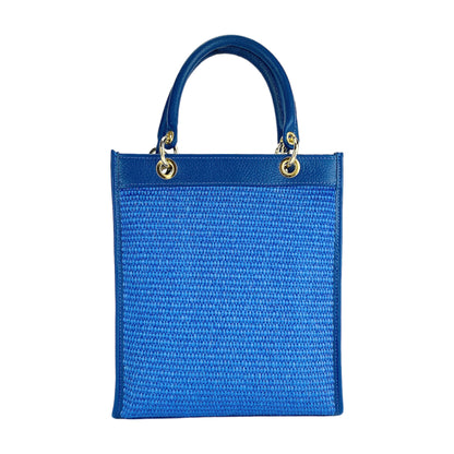 RB1026CH  | Borsa Donna a mano verticale in Vera Pelle e Paglia Made in Italy. Tracolla removibile e regolabile in pelle. Accessori Oro Lucido - Colore Blu Royal - Dimensioni: cm 24 x 29 x 9