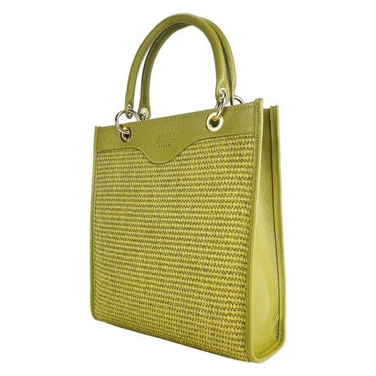 RB1026CM | Vertical women's handbag in genuine leather and straw Made in Italy. Removable and adjustable leather shoulder strap. Polished Gold Accessories - Pistachio Color - Dimensions: 24 x 29 x 9 cm