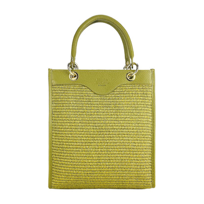 RB1026CM  | Borsa Donna a mano verticale in Vera Pelle e Paglia Made in Italy. Tracolla removibile e regolabile in pelle. Accessori Oro Lucido - Colore Pistacchio - Dimensioni: cm 24 x 29 x 9