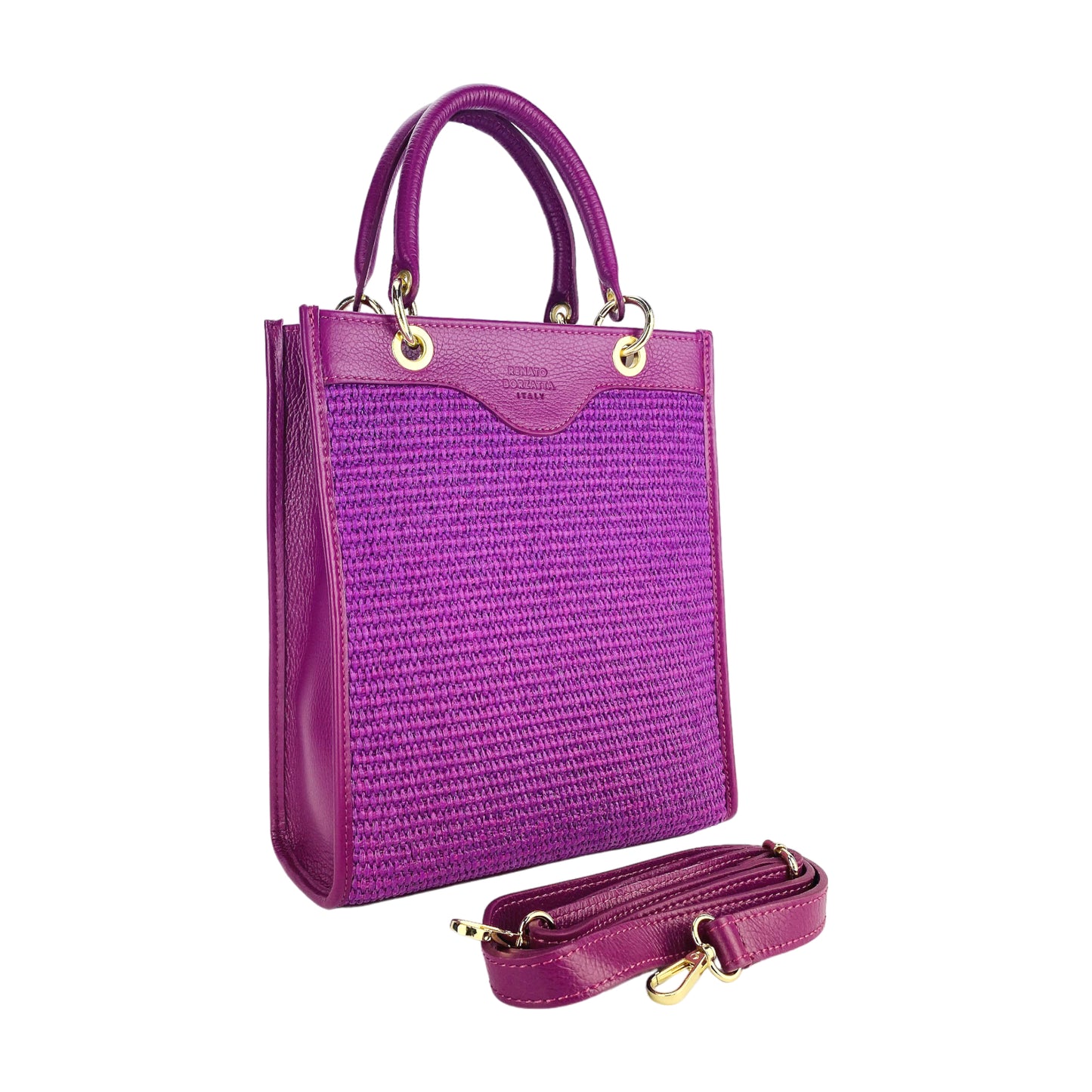 RB1026CN  | Borsa Donna a mano verticale in Vera Pelle e Paglia Made in Italy. Tracolla removibile e regolabile in pelle. Accessori Oro Lucido - Colore Lampone - Dimensioni: cm 24 x 29 x 9