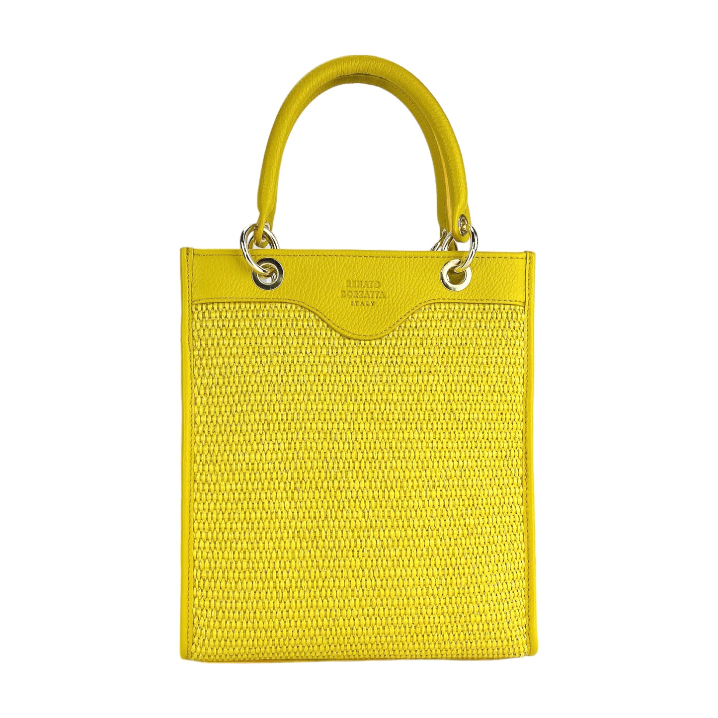 RB1026R  | Borsa Donna a mano verticale in Vera Pelle e Paglia Made in Italy. Tracolla removibile e regolabile in pelle. Accessori Oro Lucido - Colore Giallo - Dimensioni: cm 24 x 29 x 9