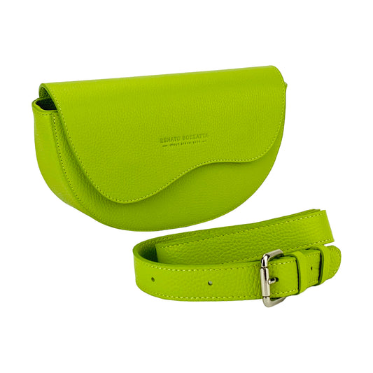 RB1027AD  | Borsa Donna a Bandoliera stondata in Vera Pelle Made in Italy. Tracolla removibile e regolabile in pelle. Accessori Nickel Lucido - Colore Lime - Dimensioni: cm 25 x 15 x 9