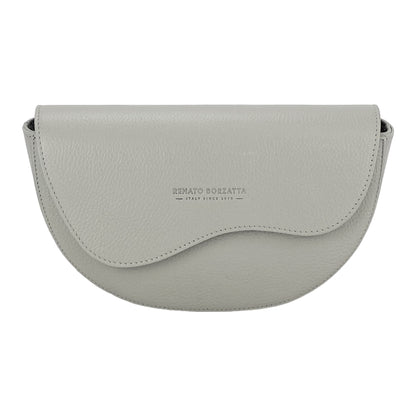 RB1027BO  | Borsa Donna a Bandoliera stondata in Vera Pelle Made in Italy. Tracolla removibile e regolabile in pelle. Accessori Nickel Lucido - Colore Ghiaccio - Dimensioni: cm 25 x 15 x 9