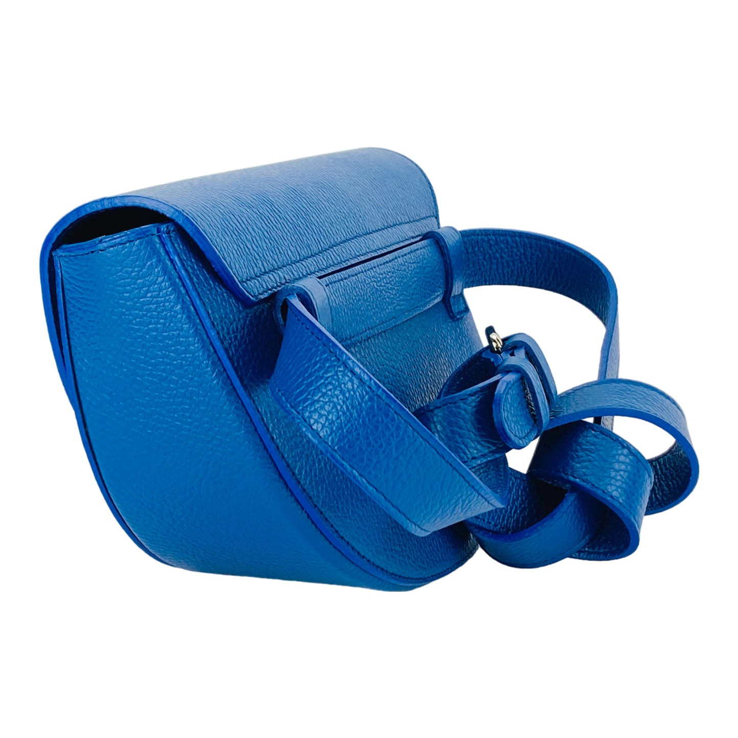 RB1027CH | Women's rounded crossbody bag in genuine leather Made in Italy. Removable and adjustable leather shoulder strap. Polished Nickel Accessories - Royal Blue Color - Dimensions: 25 x 15 x 9 cm