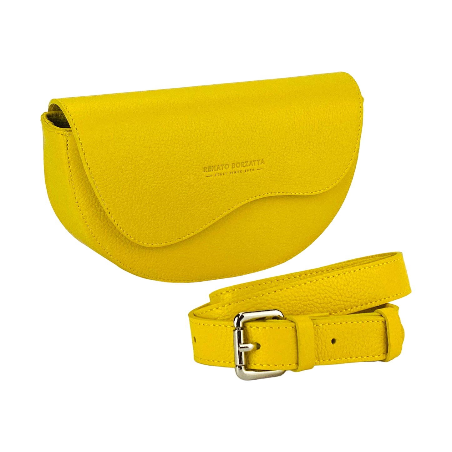 RB1027R | Women's rounded crossbody bag in genuine leather Made in Italy. Removable and adjustable leather shoulder strap. Polished Nickel Accessories - Yellow Color - Dimensions: 25 x 15 x 9 cm